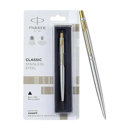 Parker Classic Stainless Steel Gold Trim Ball Pen | Blue Ink | Ballpoint Pen for Smooth Writing | Elegant Design and Great for Gifting or Celebrations