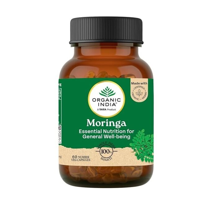 A TATA Product - Organic India Moringa Capsules - 60 Veg Caps, Essential Nutrition Superfood, Helps Naturally Boost Energy Level, Improves Stamina, Rich In Vitamins & Minerals, GMP & NPOP Certified Organic