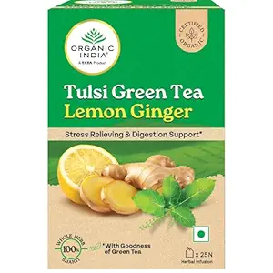 A TATA Product - Organic India Tulsi Green Tea Lemon Ginger - 25 Teabags, Herbal Blend with Green-Tea, Tulsi, Lemon & Ginger, Supports Digestion, Refreshing Taste, Natural Ingredients