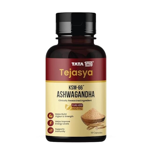 Tata 1mg Tejasya Ashwagandha KSM-66 Capsules | 600 mg Root Extract per Capsule | Supports Energy & Stamina | Clinically Researched | USDA Organic | Non-GMO | 60 Capsules