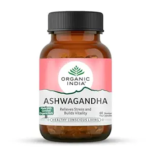 A TATA Product - Organic India Pure Ashwagandha Root Capsules - 60 Veg Caps (400mg), For Vitality & Relieves Stress, Naturally Boosts Energy & Stamina, Improves Immune System, GMP & NPOP Certified