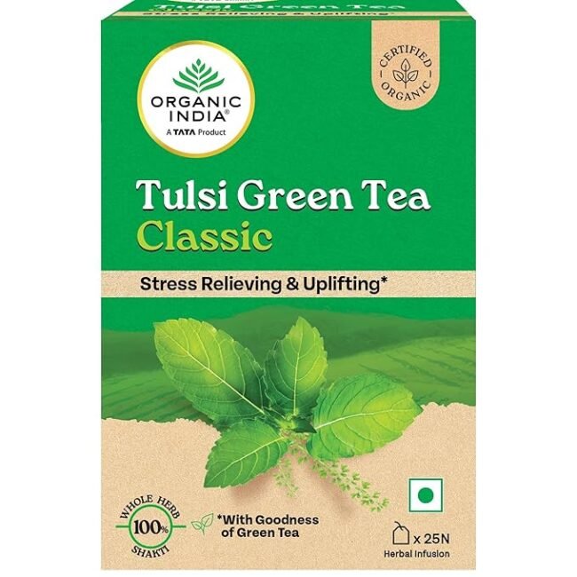 A TATA Product - Organic India Tulsi Green Tea Classic - 25 Tea Bags, Uplifts Mood, Rich in Antioxidants, Blend of Rama, Krishna & Vana Tulsi, Certified Organic