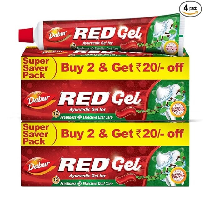Dabur Red Gel Ayurvedic Toothpaste - 600g (150g x 4) | Reduction in Bad Breath, Plaque & Gingivitis | Freshness with Protection | For Healthy Gums & Effective Dental Care