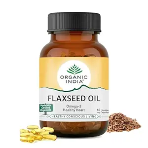 A TATA Product - Organic India Flaxseed Oil - 60 Veg Capsules, Natural Omega-3, Helps Reduce Cholesterol, Supports Healthy Skin, Hair & Nails, Joint Flexibility, GMP & NPOP Certified Organic