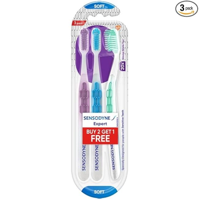 Sensodyne Expert Toothbrush | 20X Slimmer Bristles for Expert Cleaning | Toothbrush Set Pack of 3 (Buy 2 Get 1 Free), Multicolour
