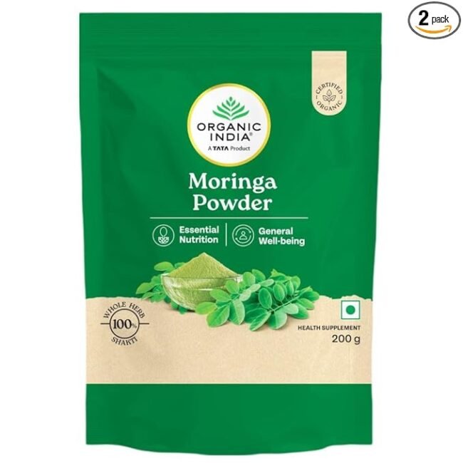 A TATA Product - Organic India Moringa Powder, Dietary Supplement, Superfood, Rich In Vitamins, Minerals & Amino Acids, For Immunity, Digestion & Energy, Gluten Free, Certified Organic, 200g, Pouch
