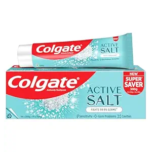 Colgate Active Salt Toothpaste, Germ Fighting Toothpaste for Healthy Gums and Teeth, Tooth Decay Prevention, Gum Protection, Eliminates Bad Breath, Plaque Removal (300g/200g X 1 and 100g X 1)