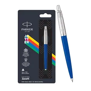Parker Jotter Standard Fountain Pen| Ink Color Blue | Blue Body with Chrome Trim, Refillable Fine Nib Pen