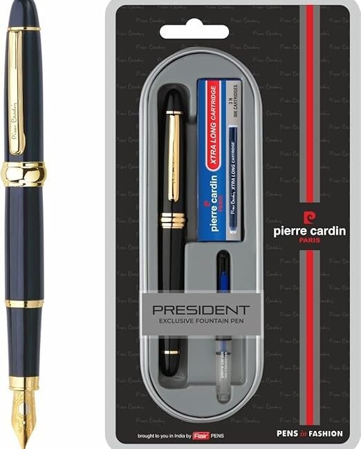 Pierre Cardin President Premium Fountain Pen | Luxurious Black Lacquer Finish Body with Golden Trims & Nib | Free Ink Converter & Cartridges