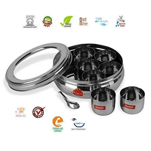 Stainless Steel Belly Shape Masala/Spice Box/Dabba/Organiser With See Through Lid With 7 Containers And Small Spoon (Small), Beige